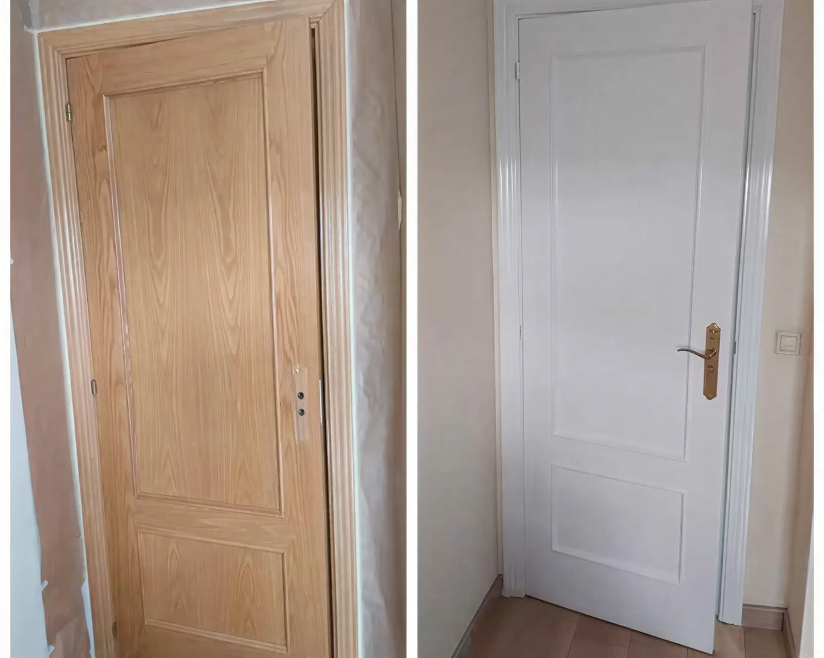 Antes y después de lacar puerta de madera en blanco por Los Pintores Alicante