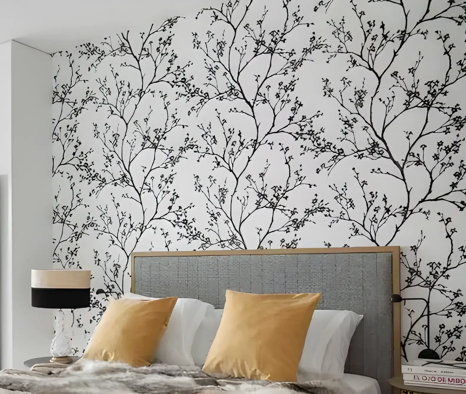 Los Pintores Alicante instalando papel pintado de ramas en cabecero de dormitorio moderno