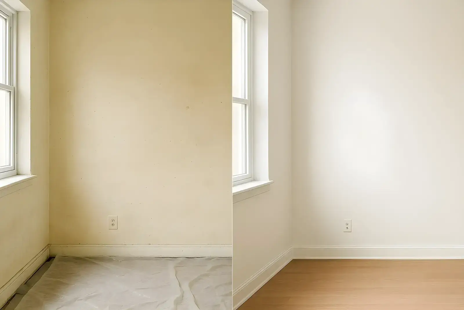 Antes y después de pintura interior en salón, trabajo de Los Pintores Alicante con paredes renovadas